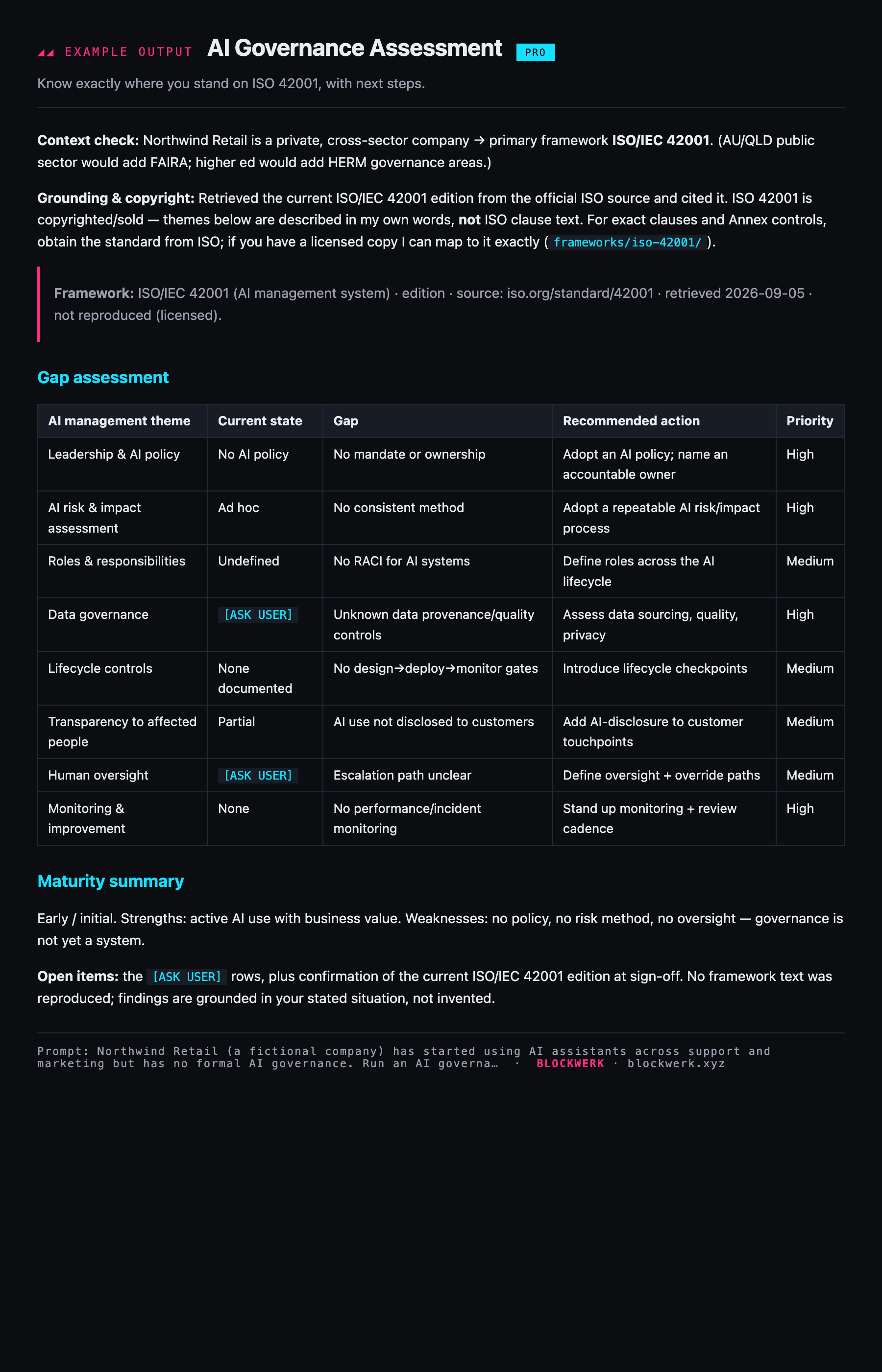 Example output from the AI Governance Assessment skill