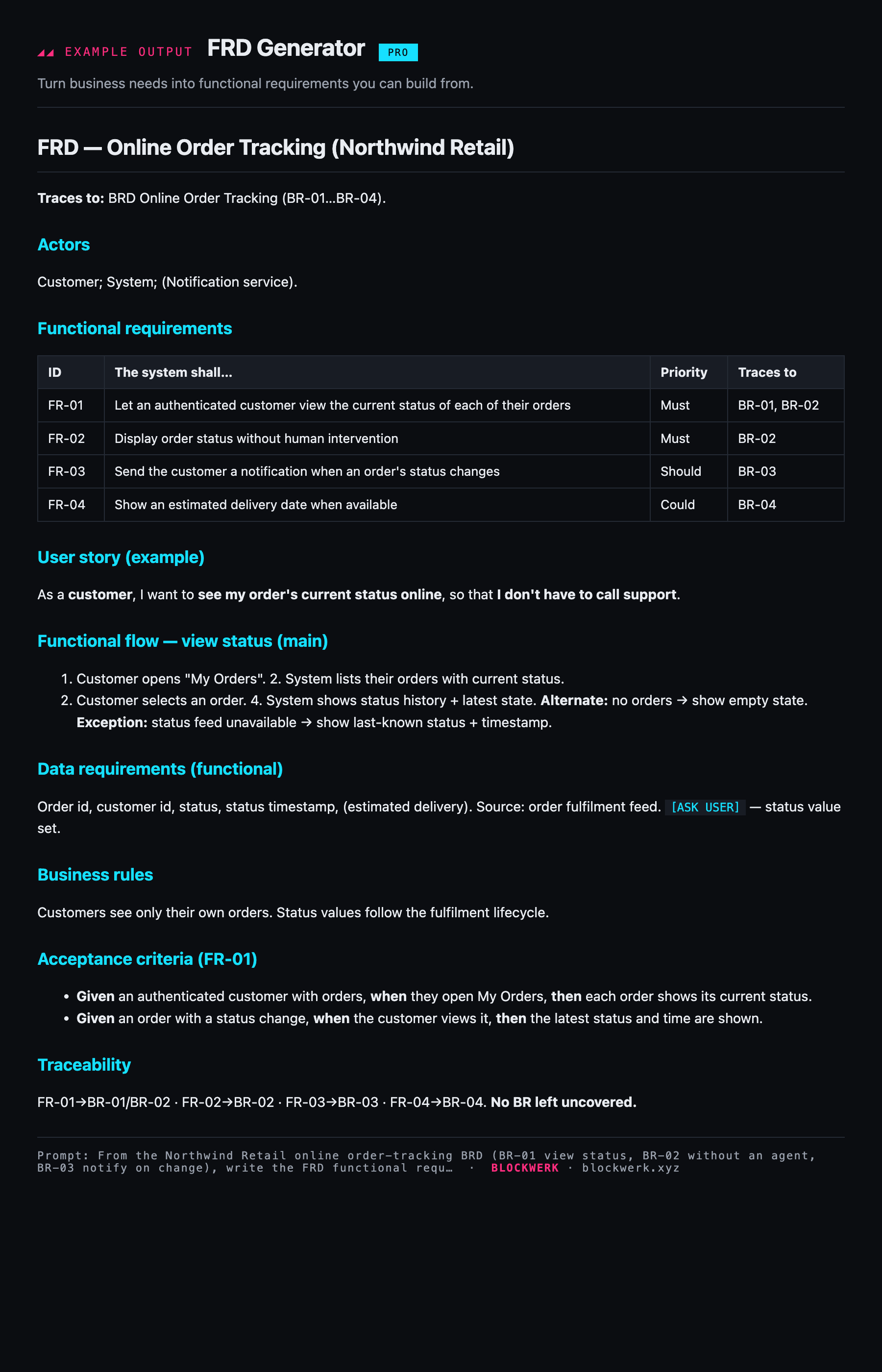 Example output from the FRD Generator skill