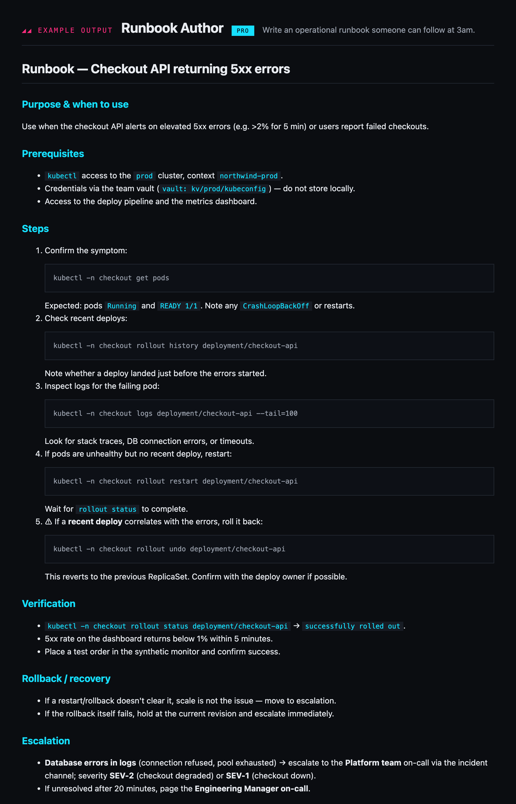 Example output from the Runbook Author skill