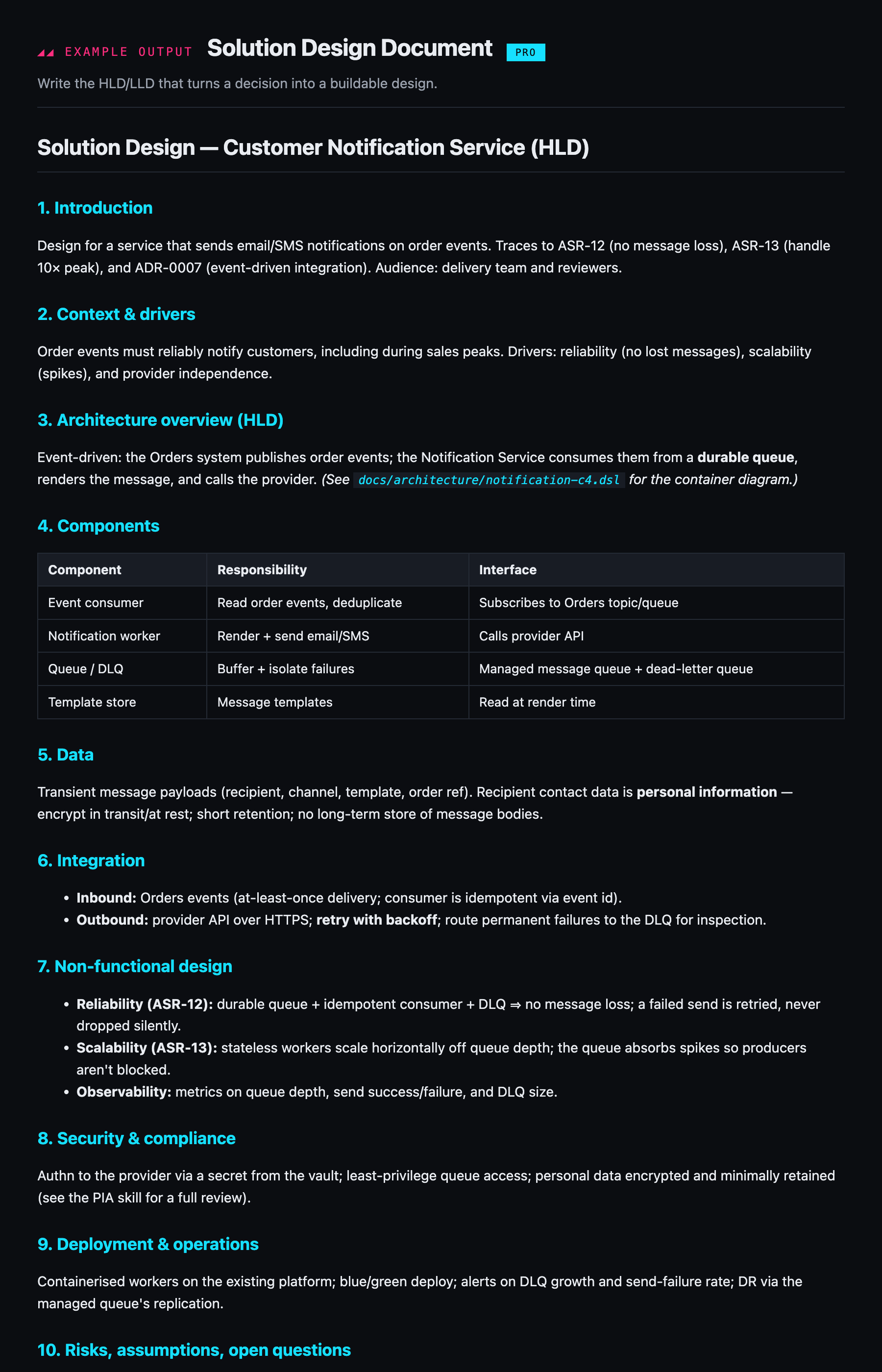 Example output from the Solution Design Document skill