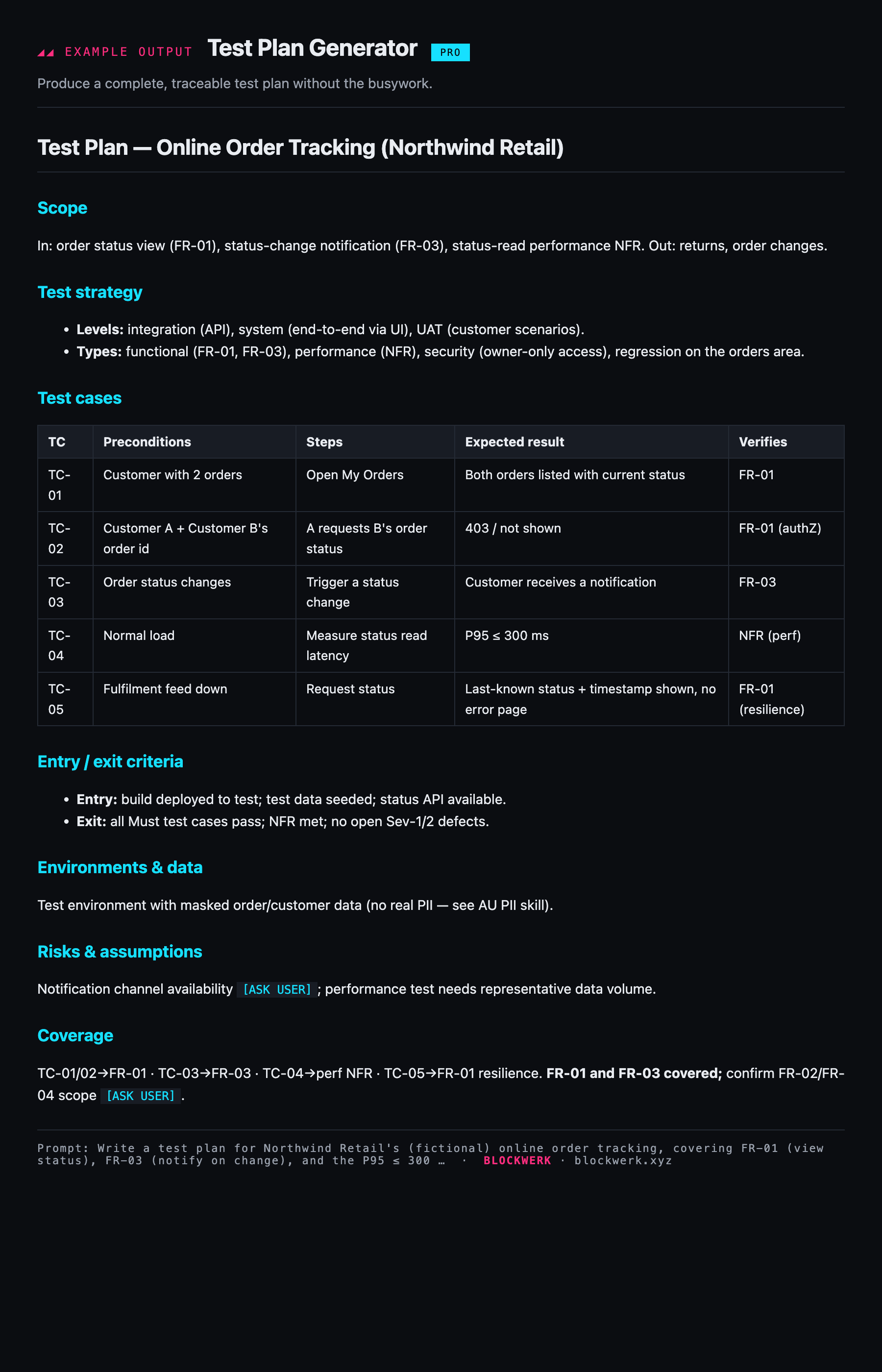 Example output from the Test Plan Generator skill