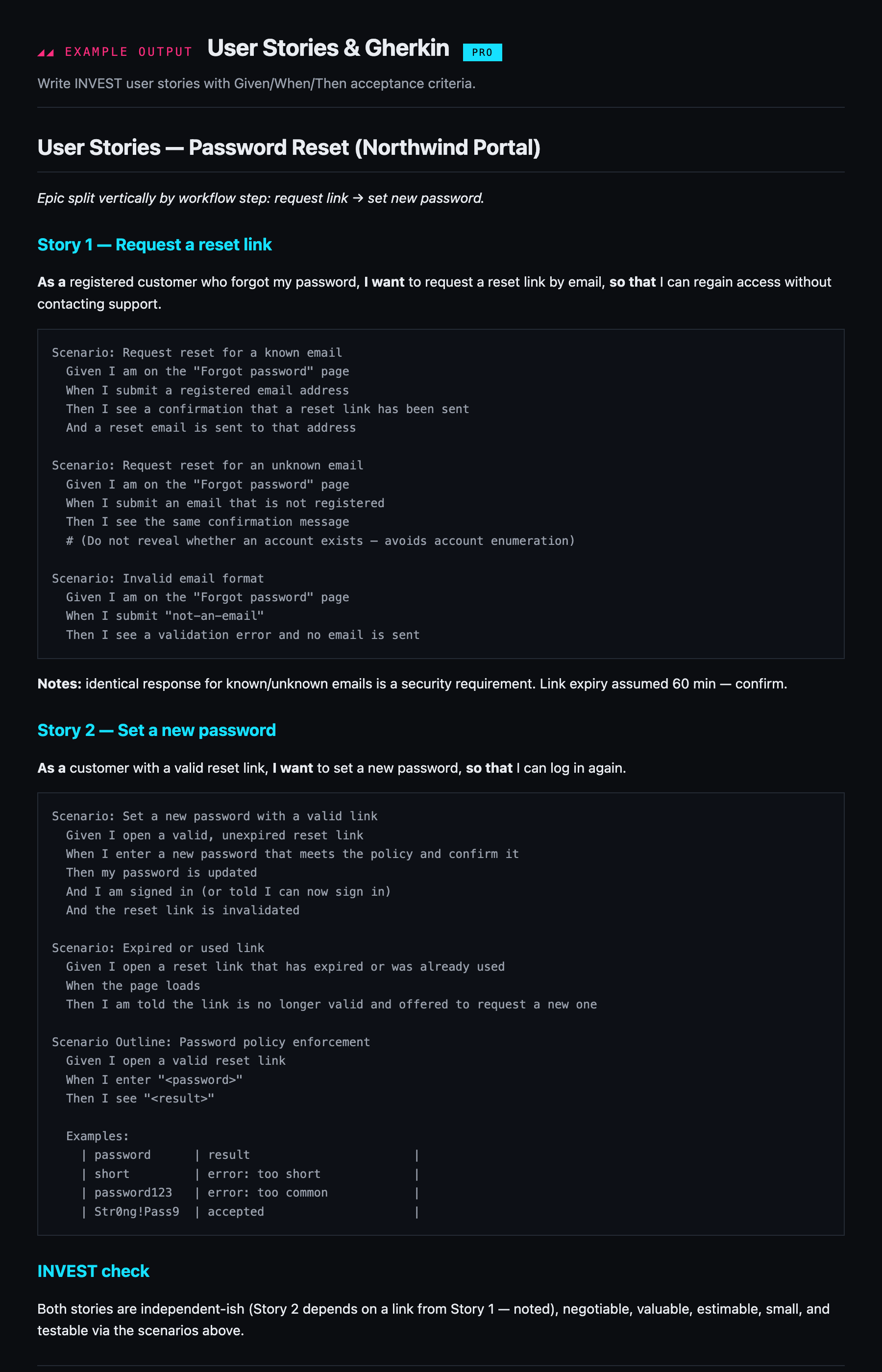 Example output from the User Stories & Gherkin skill