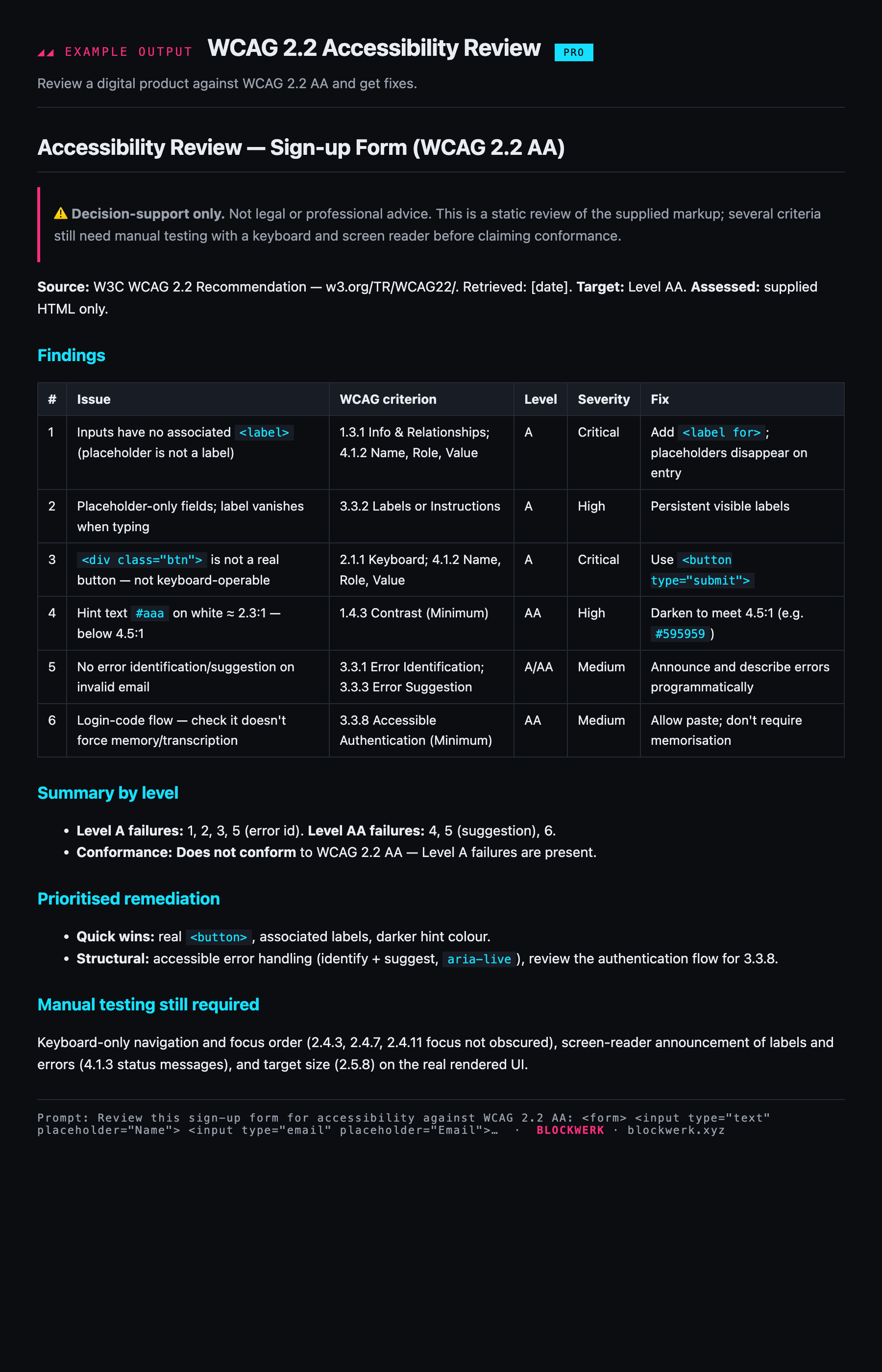 Example output from the WCAG 2.2 Accessibility Review skill